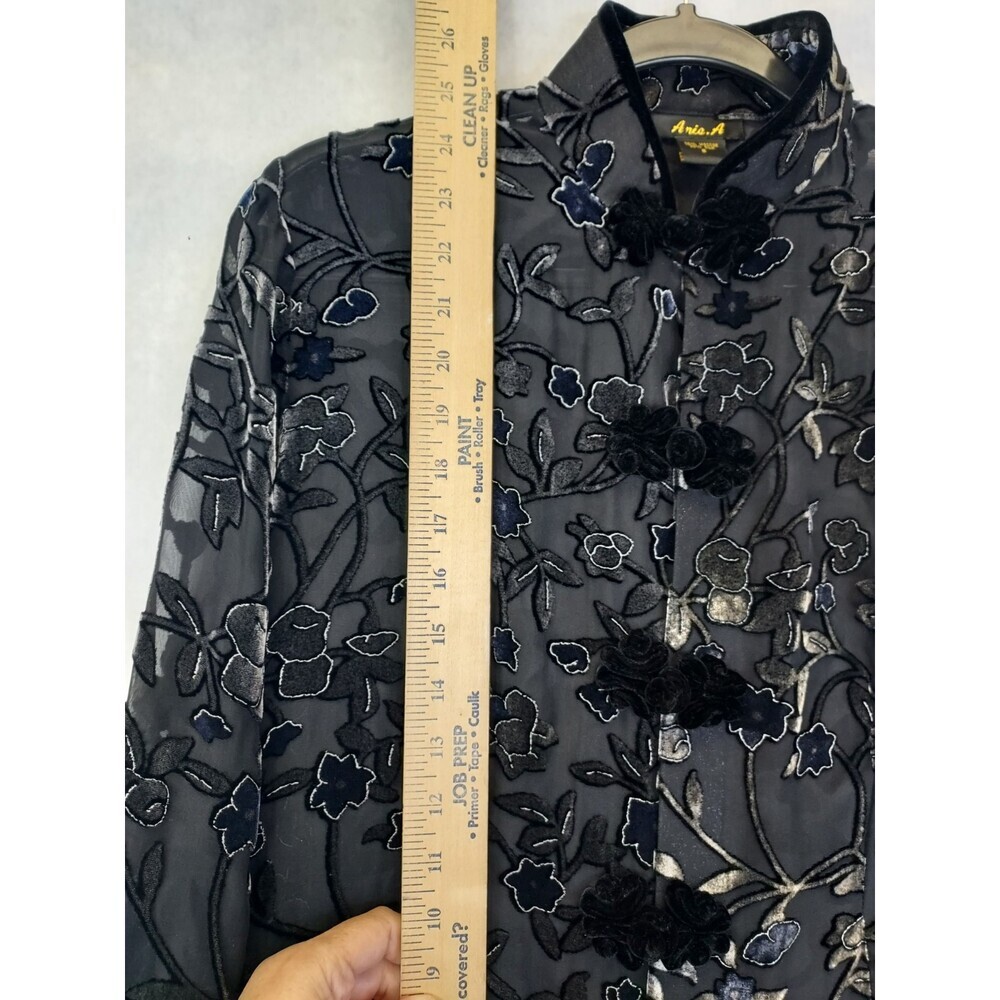 Anis A Velvet Burnout Blouse Women S Silk Floral Black Asian Inspired Frog Clasp - Picture 16 of 16